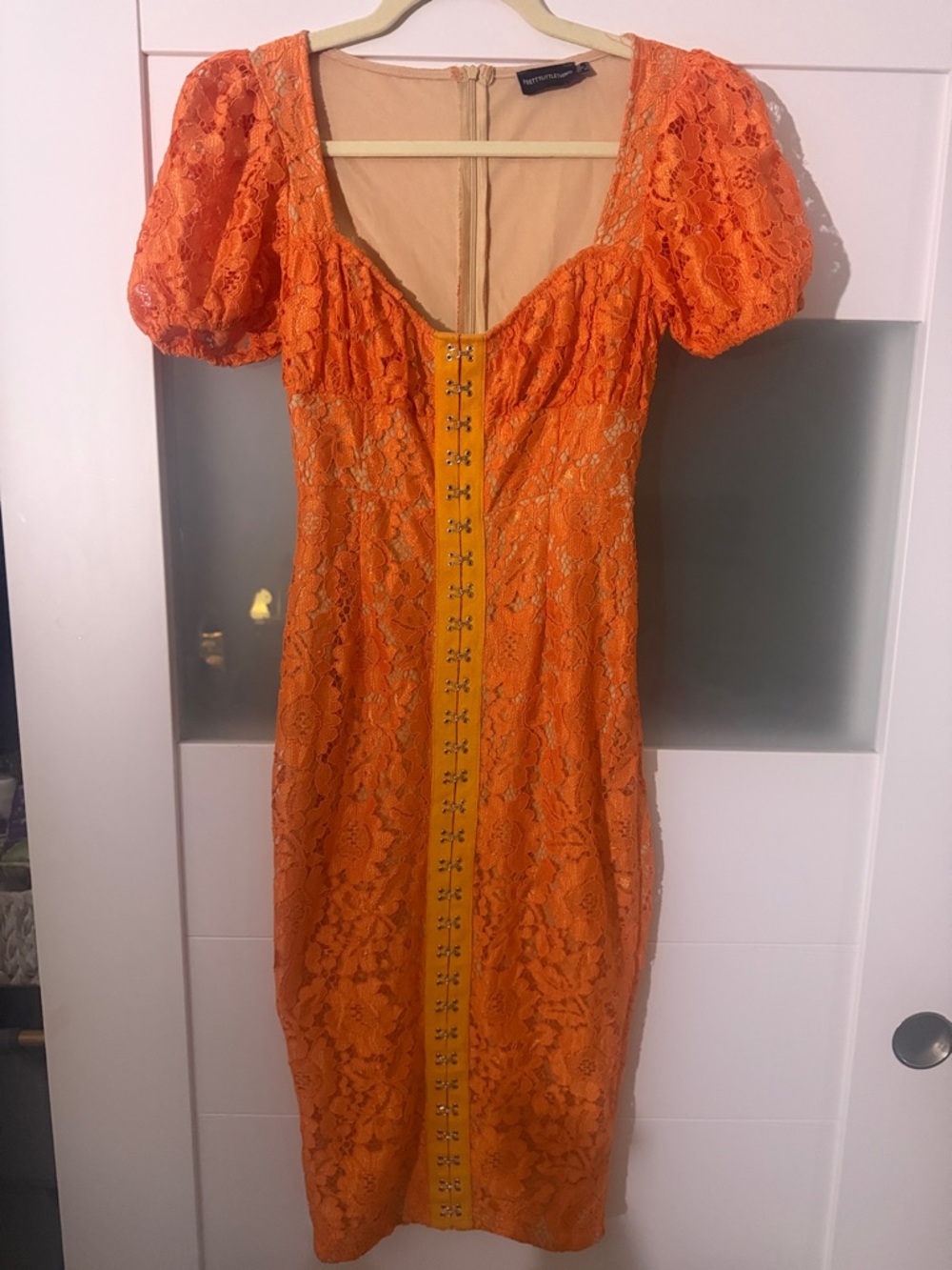 PrettyLittleThing Orange Lace Puff-Sleeve Midi Dress